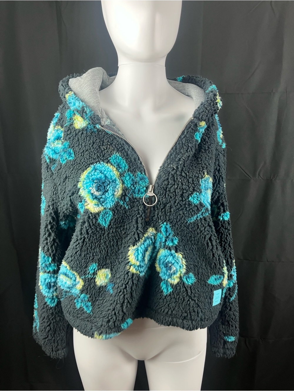 Justice Black Sherpa Zip Hoodie with Teal & Yellow Floral Print